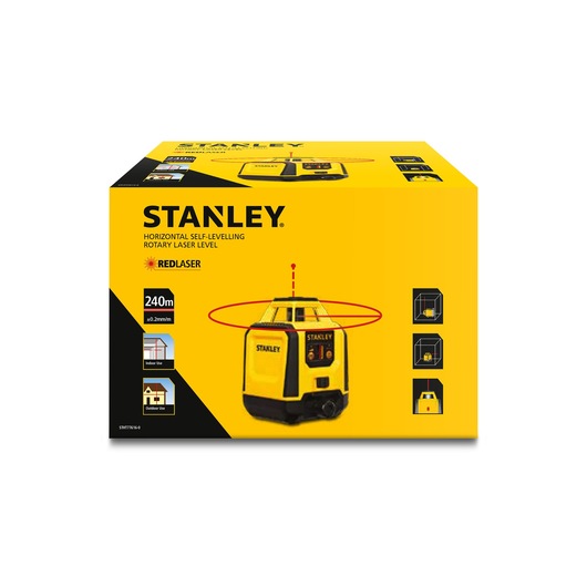 Photo of STANLEY STHT77616-0 rotary laser level packaging, yellow box with product image and specifications, front angle.