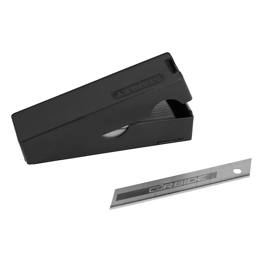 STANLEY STHT8-11818 black blade dispenser with a single silver carbide snap-off blade, front angle.