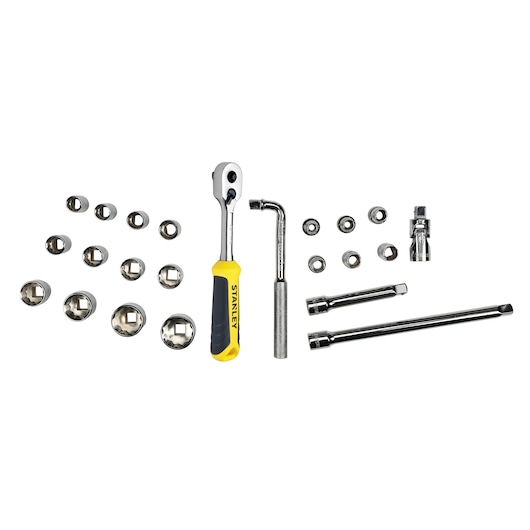 STANLEY STMT1-74173 socket set with ratchet, extensions, sockets, and accessories, flat lay photo.