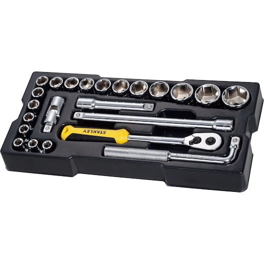 STANLEY STMT1-74173 socket set with ratchet, screwdriver, and accessories in black tray, top view