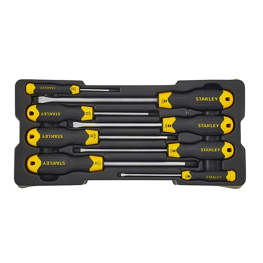 STANLEY STMT1-74181 screwdriver set with yellow and black handles in tray, top view.