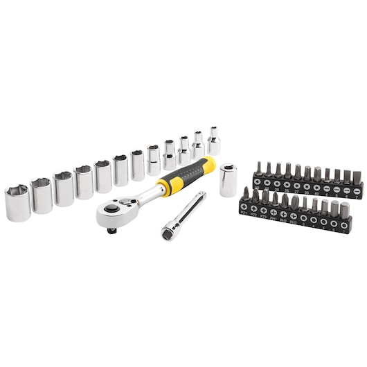 STANLEY STMT82672-0 socket and bit set with ratchet handle, chrome sockets, bits, and extension on white background.