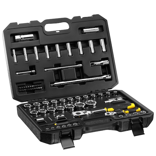 STANLEY STMT82831-1 socket and ratchet set in black case, photo shows open kit from angled top view.