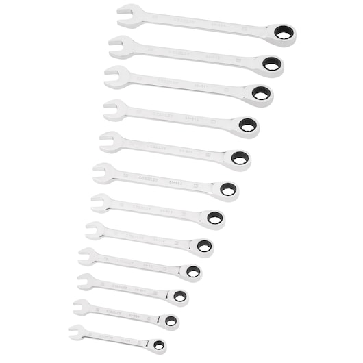 STANLEY STMT82847-0 ratcheting spanner set, silver finish, front angle, twelve pieces arranged in size order.