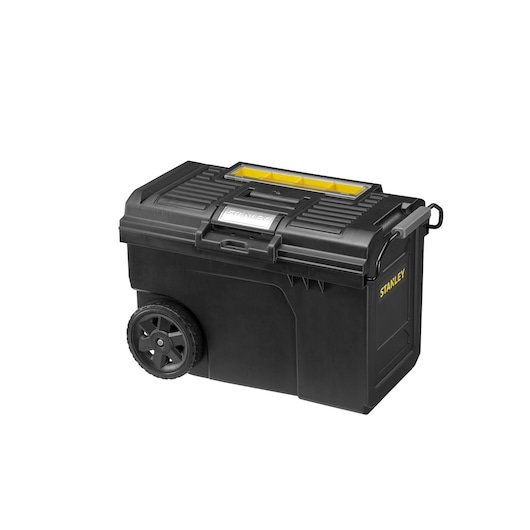 Photo of STANLEY STST1-70715 black wheeled toolbox with yellow compartment, side handle, and metal latch, angled view.