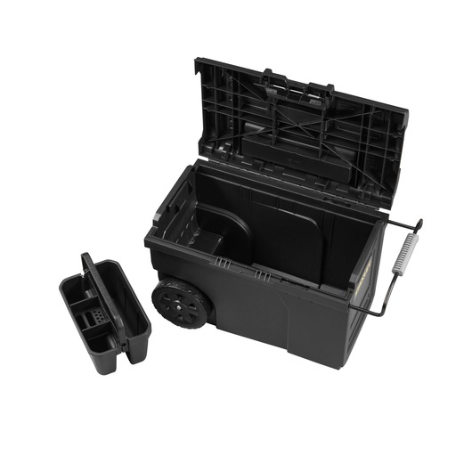 STANLEY STST1-70715 black wheeled toolbox with open lid and removable tray, front angle photo.
