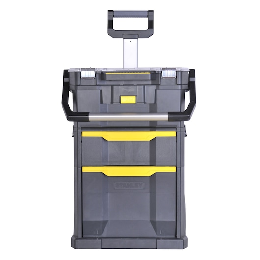 Stanley rolling tool chest with two drawers and telescopic handle, grey body with yellow accents.