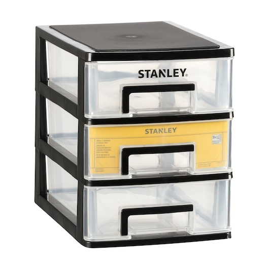 STANLEY STST40712-1 three-drawer small plastic storage unit, black frame with clear drawers, angled view.