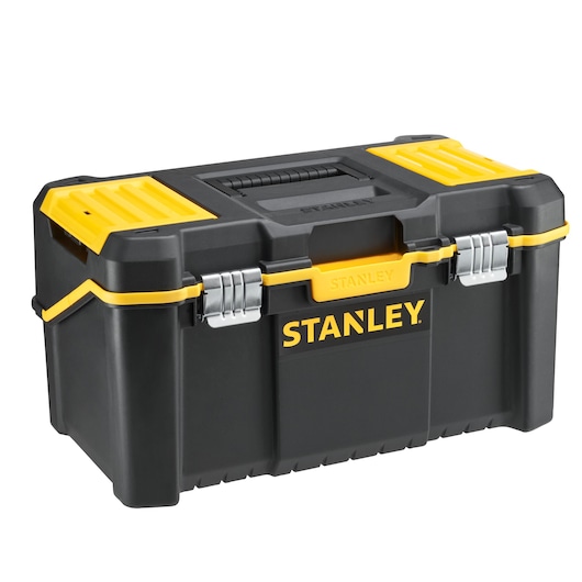 STANLEY STST83397-1 toolbox, black with yellow accents, sturdy plastic, dual metal latches, front angle on white.