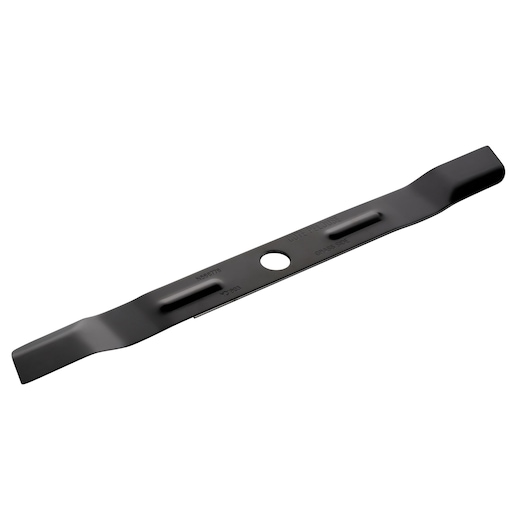 Stanley STZMW351 lawn mower blade, black steel, top angle, photography on white background.