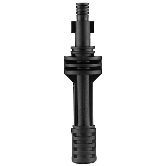 STANLEY STZSW1 black plastic nozzle connector, front angle, photography product image.