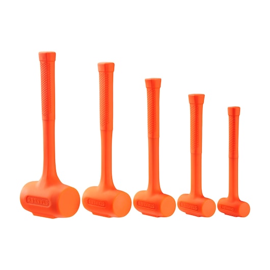 STANLEY STHT57530-0 set of five orange dead blow hammers, rubber handles, side view, white background.
