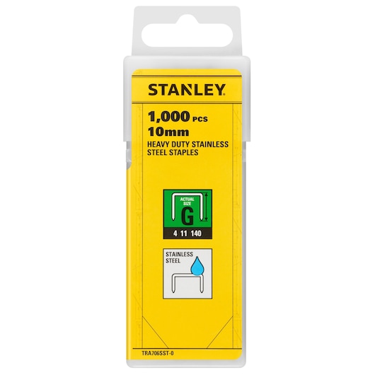 STANLEY TRA706SST-0 heavy duty stainless steel staples, 1,000 pcs, 10mm, front view on white background.