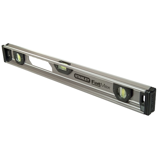 Stanley FatMax spirit level with three bubble vials, silver body and black end caps for precise leveling.