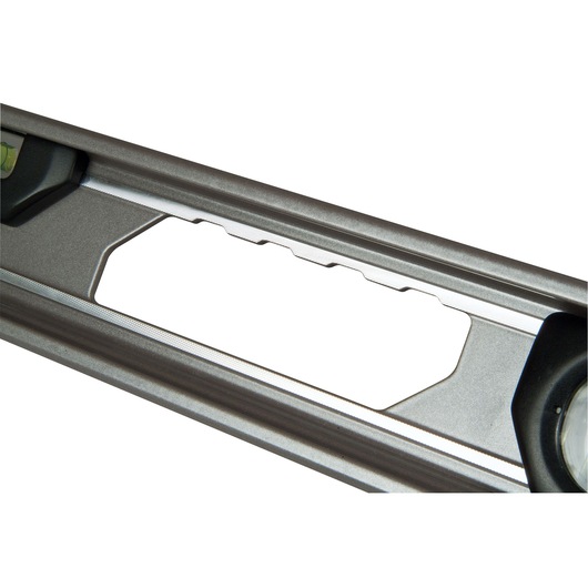 Photo of STANLEY XTHT1-42131 level tool in silver, close-up angle showing handle grip and vial.