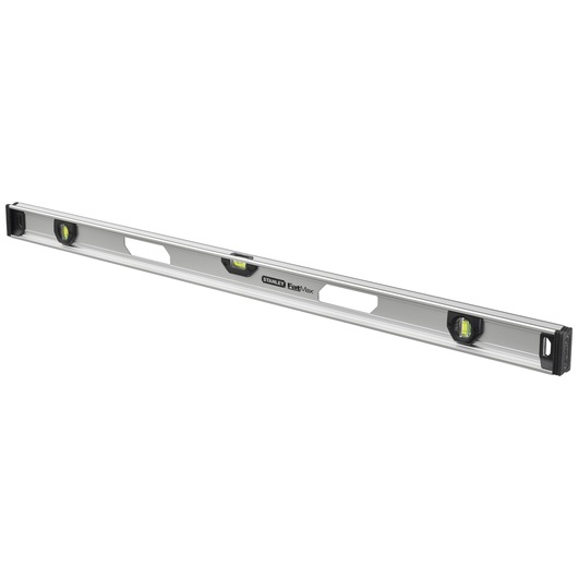 STANLEY XTHT1-42135 spirit level, silver aluminum body, three vials, photography, angled on white background.